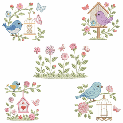 Coleção com 05 matriz de bordados Pássaros com floral3