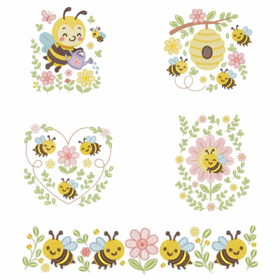 Coleção com 05 matriz de bordados, Abelhas e floral3