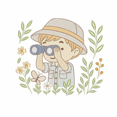 Menino com Binóculo no Jardim