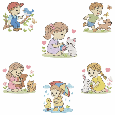 Coleção com 06 matriz de Crianças com Animaizinhos